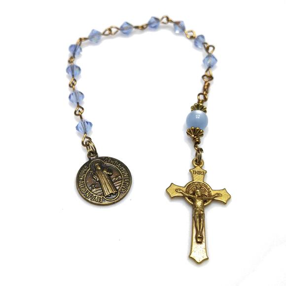 St. Benedict Blue Handmade One Decade Rosary, Blue Crystal Decade Beads - Picture 1 of 10